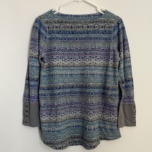 J Jill S Thermal Button Cuff Sleeves Nordic Fair Isle‎ Blue 100% Cotton Cozy